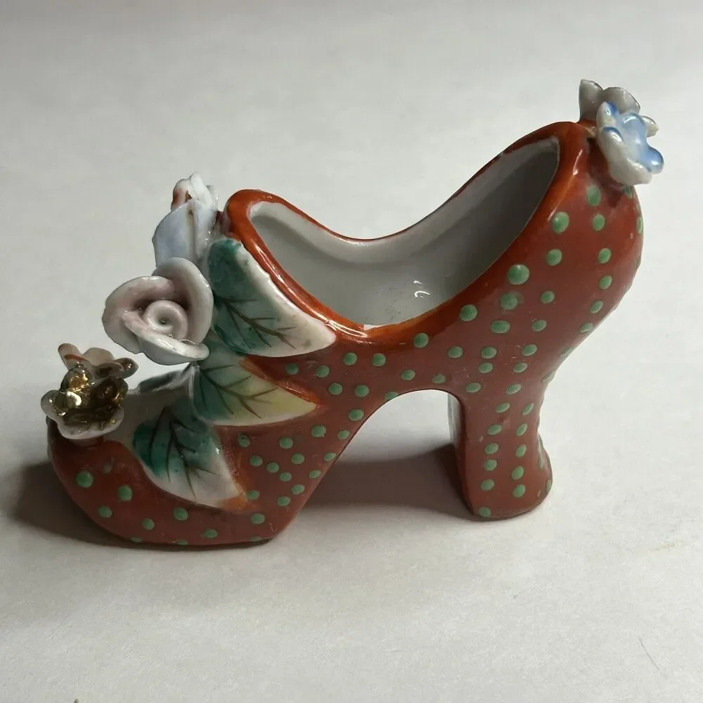 Vintage Porcelain Shoe made in Japan‎ Red with Green Polka dots miniature 3